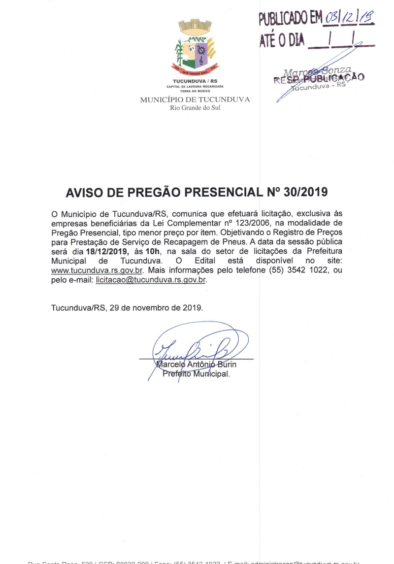 AVISO DE PP 30_2019 EXC SRP RECAPAGEM DE PNEUS